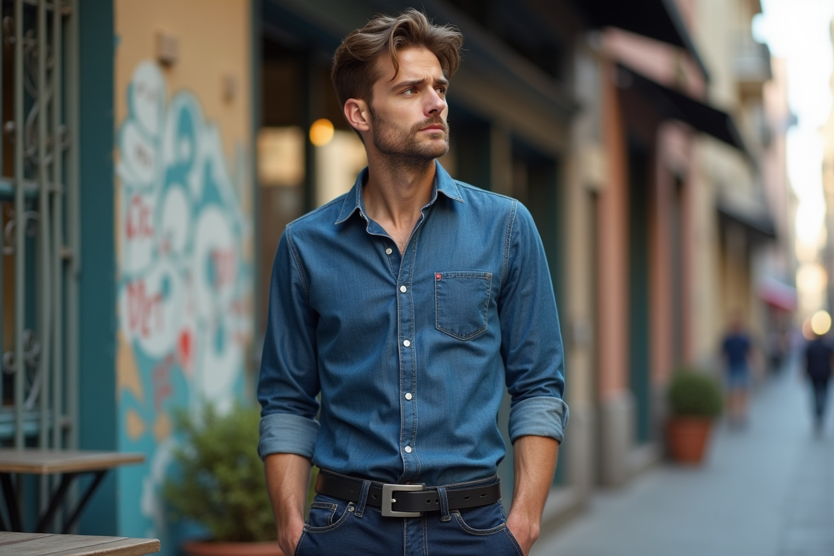 Homme en jean et ceinture dans une rue urbaine