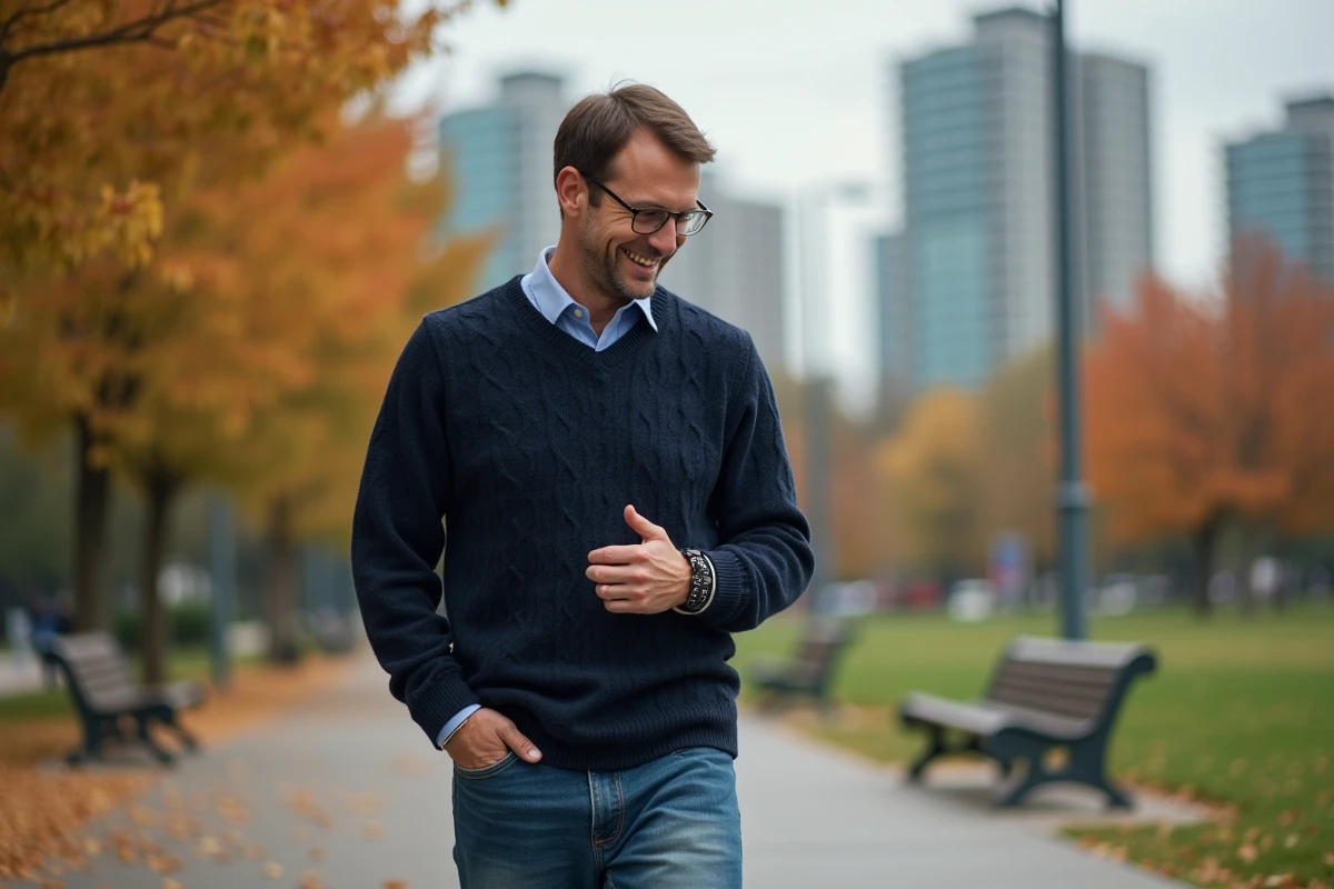Homme en extérieur regardant son bracelet en pierre noire