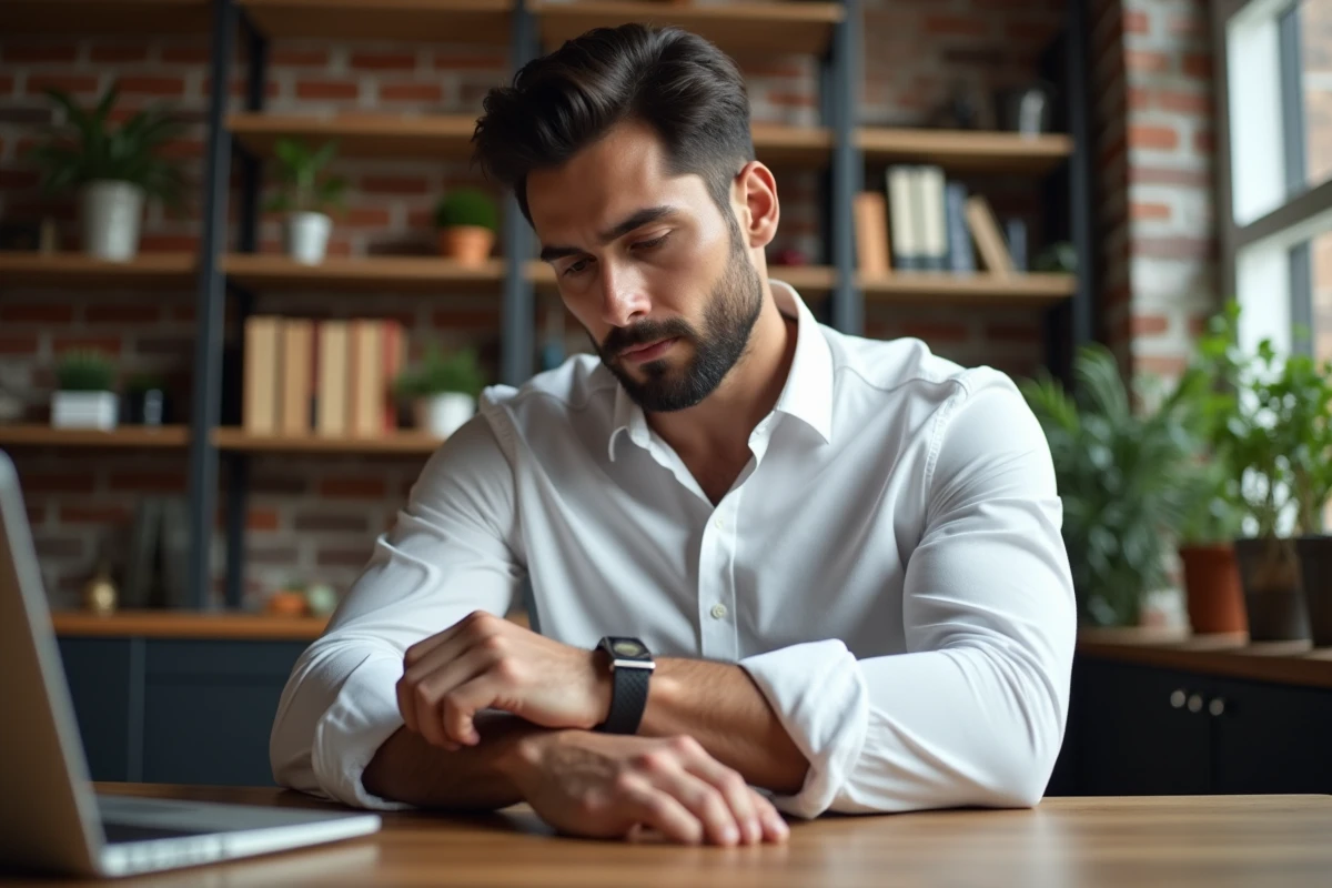 Homme en chemise blanche ajustant un bracelet en pierre naturelle