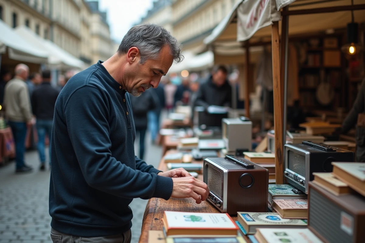 Homme inspectant une radio vintage sur un stand de braderie urbaine en France