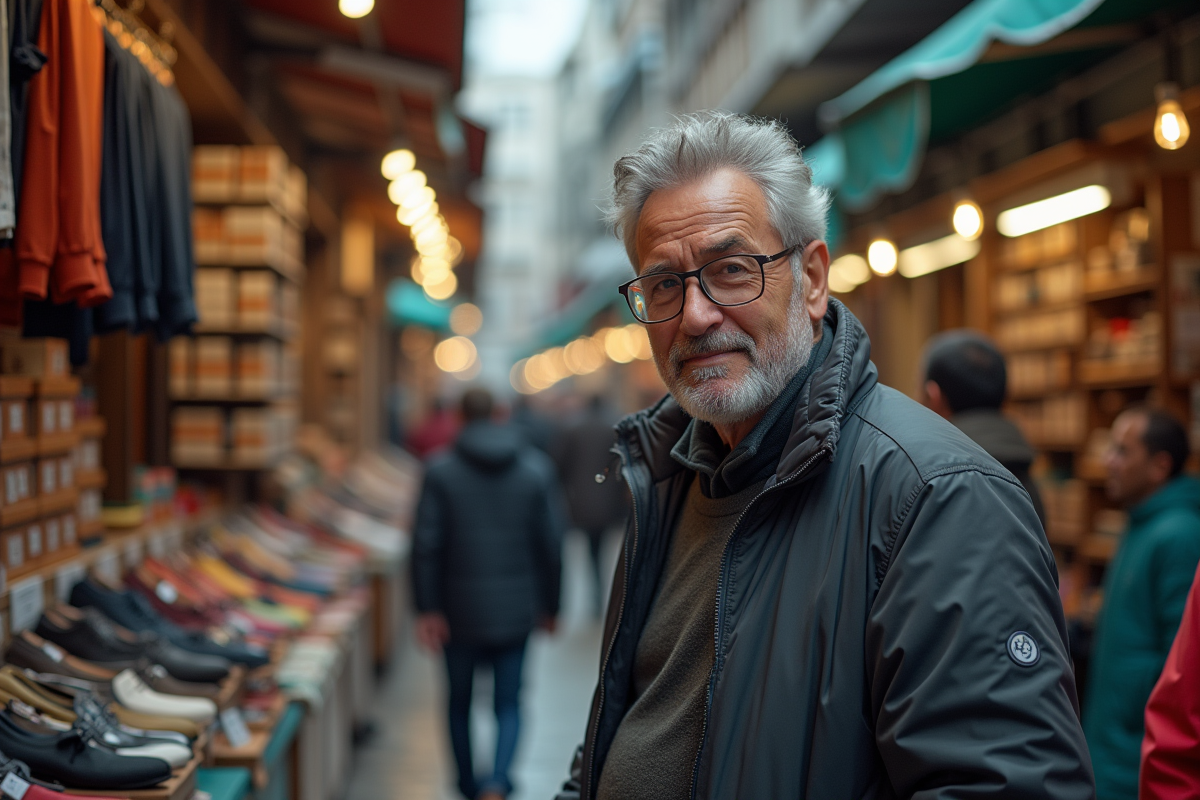 Homme regardant marché intérieur avec vêtements et accessoires