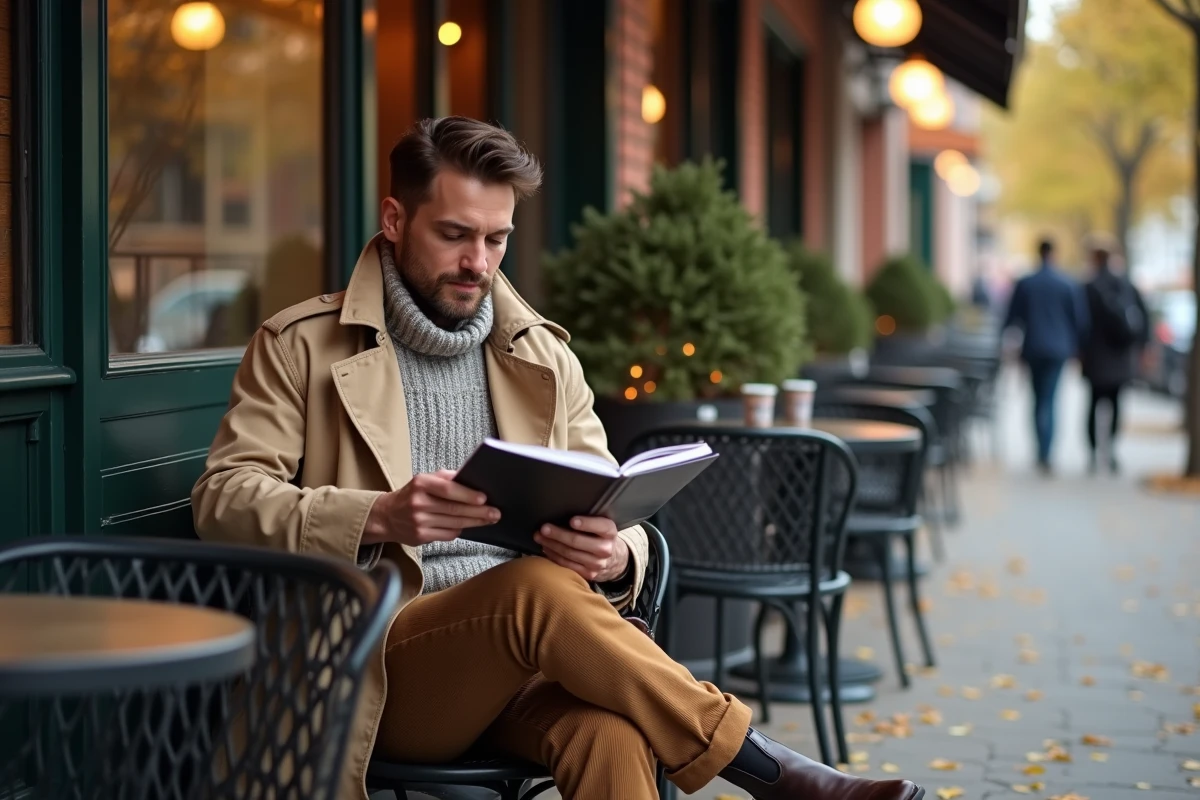Homme assis au café en automne avec vêtements tendance