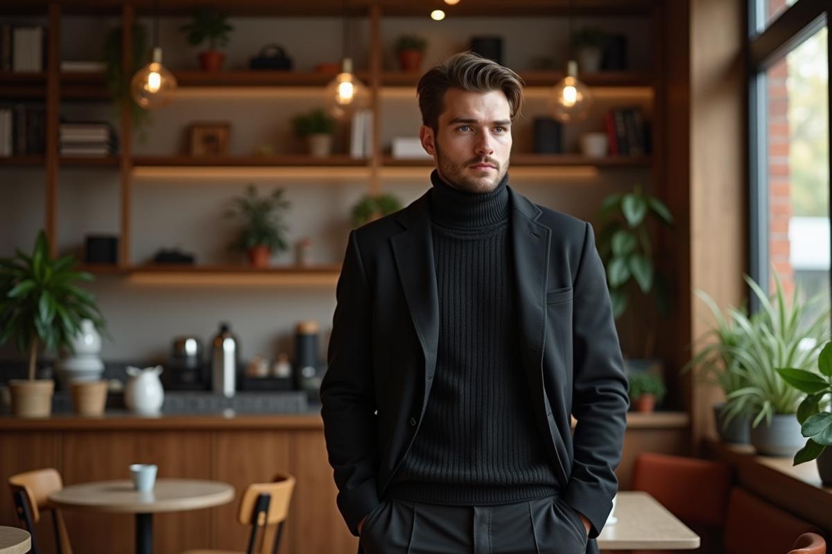 Homme en tenue monochrome dans un café cosy et moderne