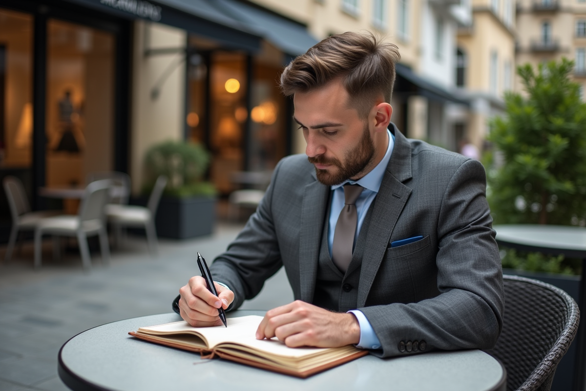 Homme en costume au café en ville en train de lire ses notes