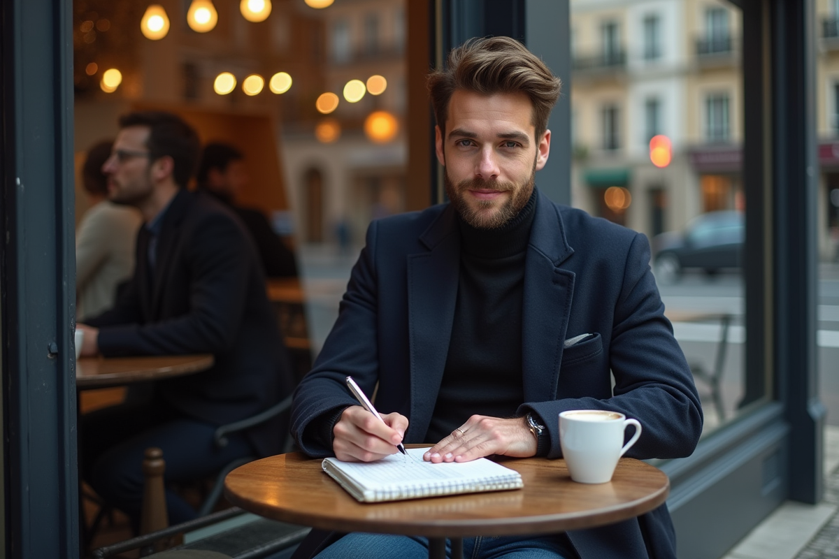 Homme assis au café avec carnet et programme de mode à Paris