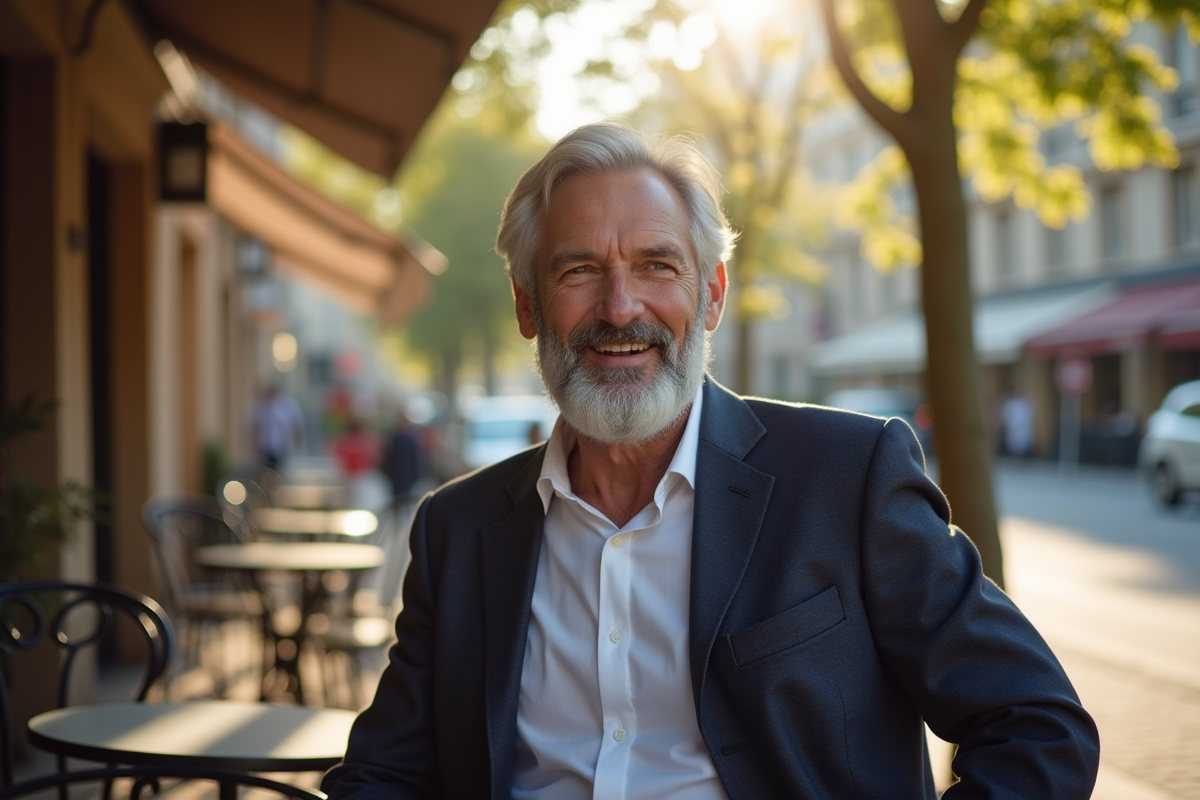 Homme d'une cinquantaine en blazer dans un café en ville