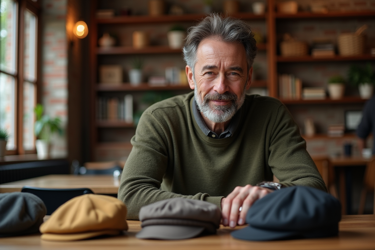 Homme choisissant une casquette dans un café intérieur