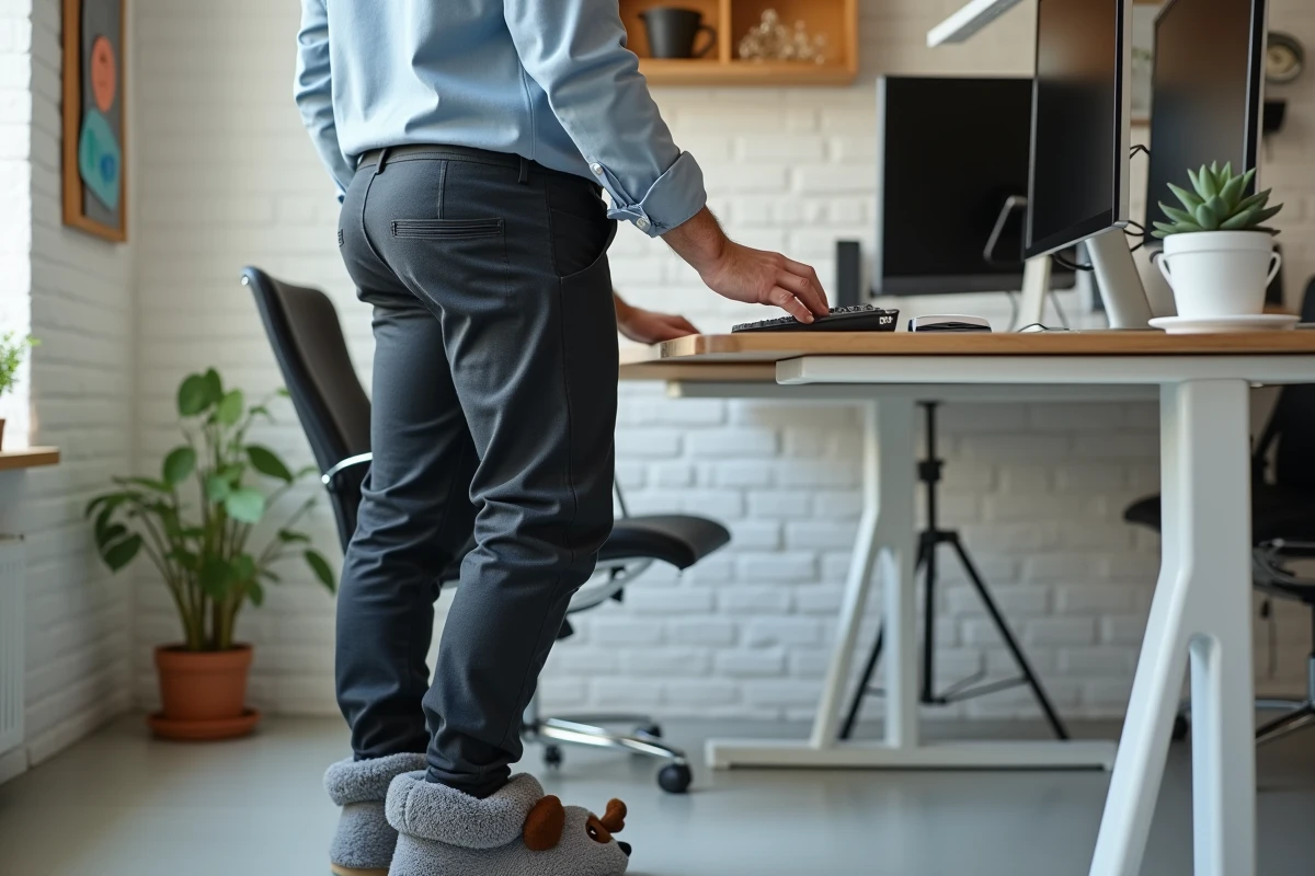 Homme en télétravail debout à son bureau avec des chaussons teckel gris dans un home office organisé et moderne