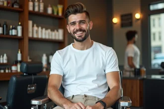 Jeune homme avec coupe taper fade moderne en salon