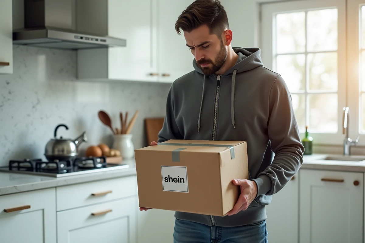 Homme tenant un colis Shein en retard dans sa cuisine avec une expression pr&eacute;occup&eacute;e envisageant l'annulation