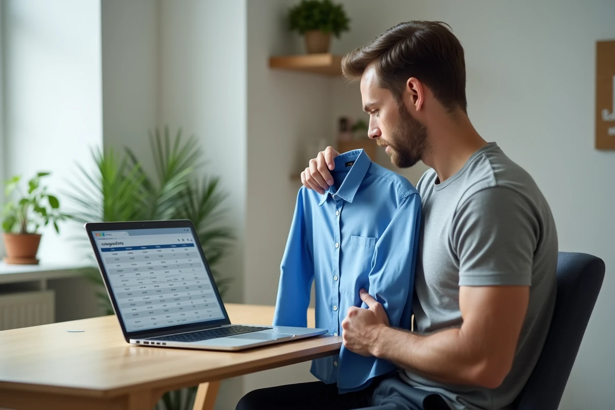 Homme consultant un tableau de conversion de tailles vestimentaires australiennes et françaises sur un ordinateur portable à son bureau, tenant une chemise pour vérifier la taille