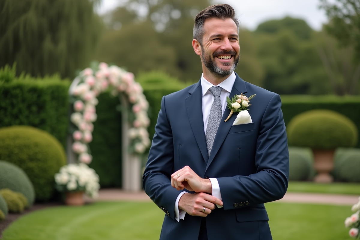 Homme en costume ajusté dans un jardin pour mariage