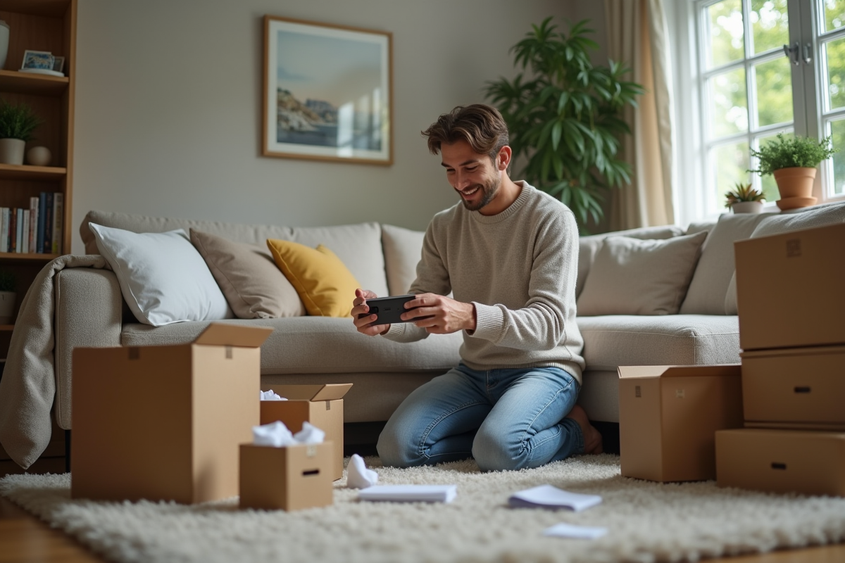 Homme déballant des colis dans un salon cosy