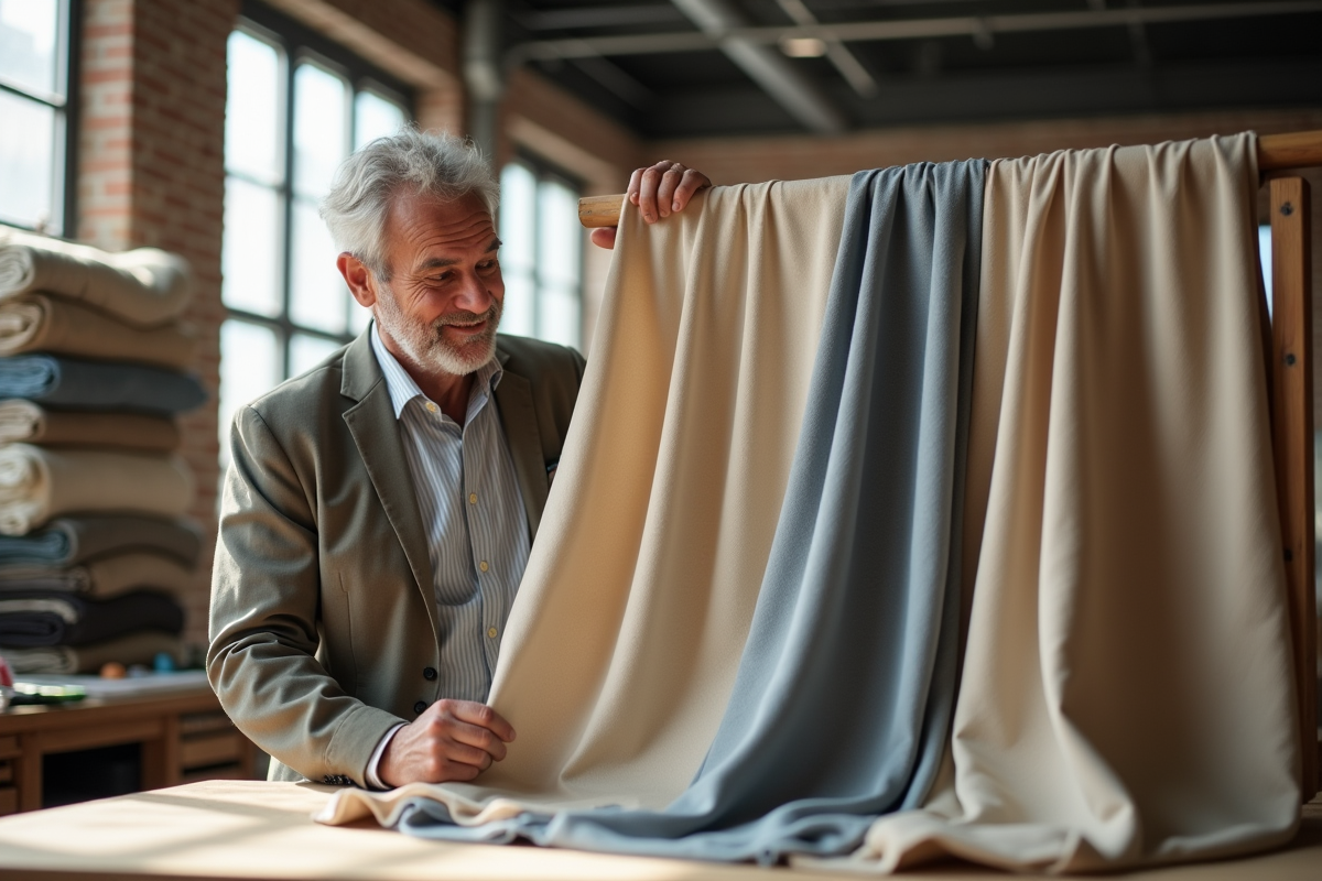 Homme compare des échantillons de tissus dans un atelier lumineux