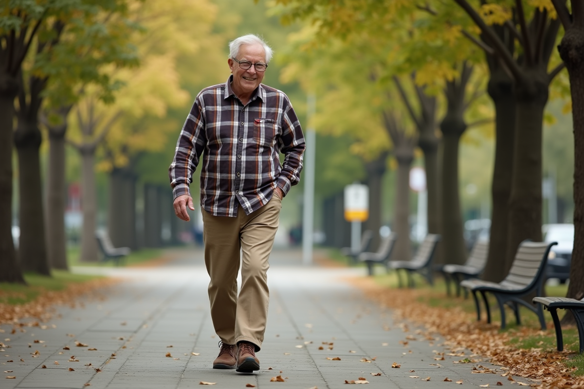 Homme âgé marchant dans un parc urbain avec des chaussures ergonomiques