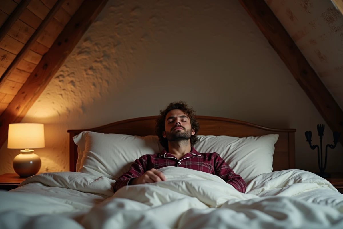 Homme endormi en pyjama pilou bordeaux sous une couette dans une chambre rustique aux poutres apparentes