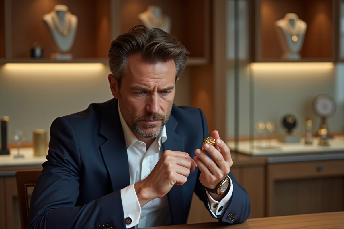 Homme en blazer marine examinant attentivement une bague Cartier Love en or dans une boutique de joaillerie contemporaine