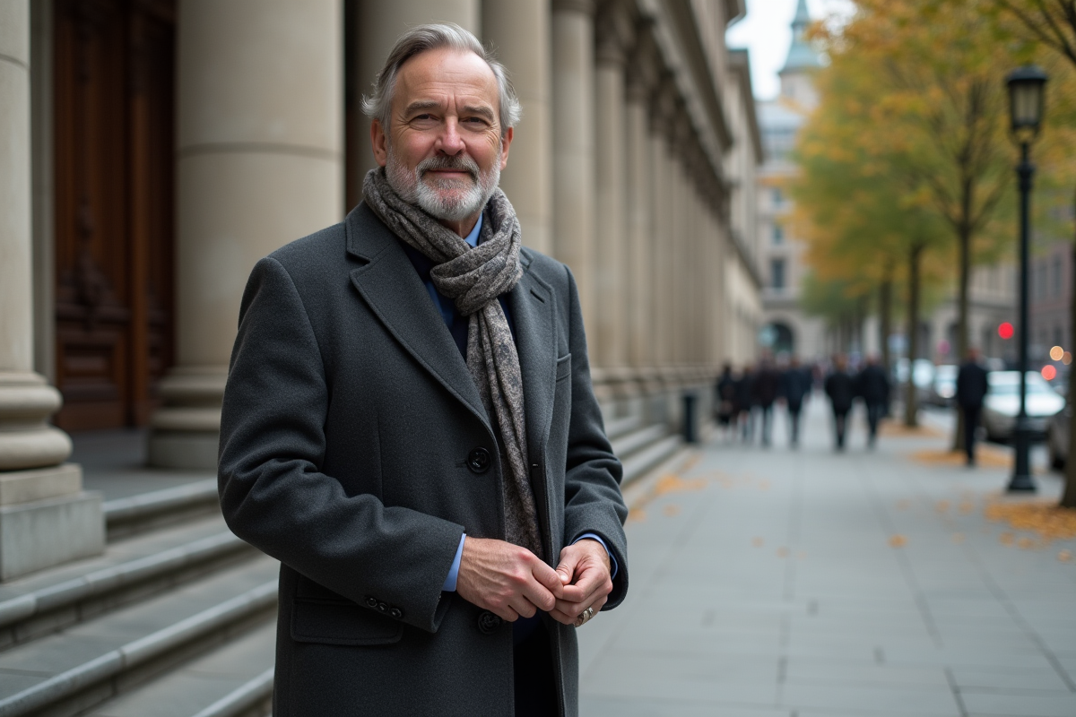 Homme distingué sortant d’un bâtiment en ville avec écharpe