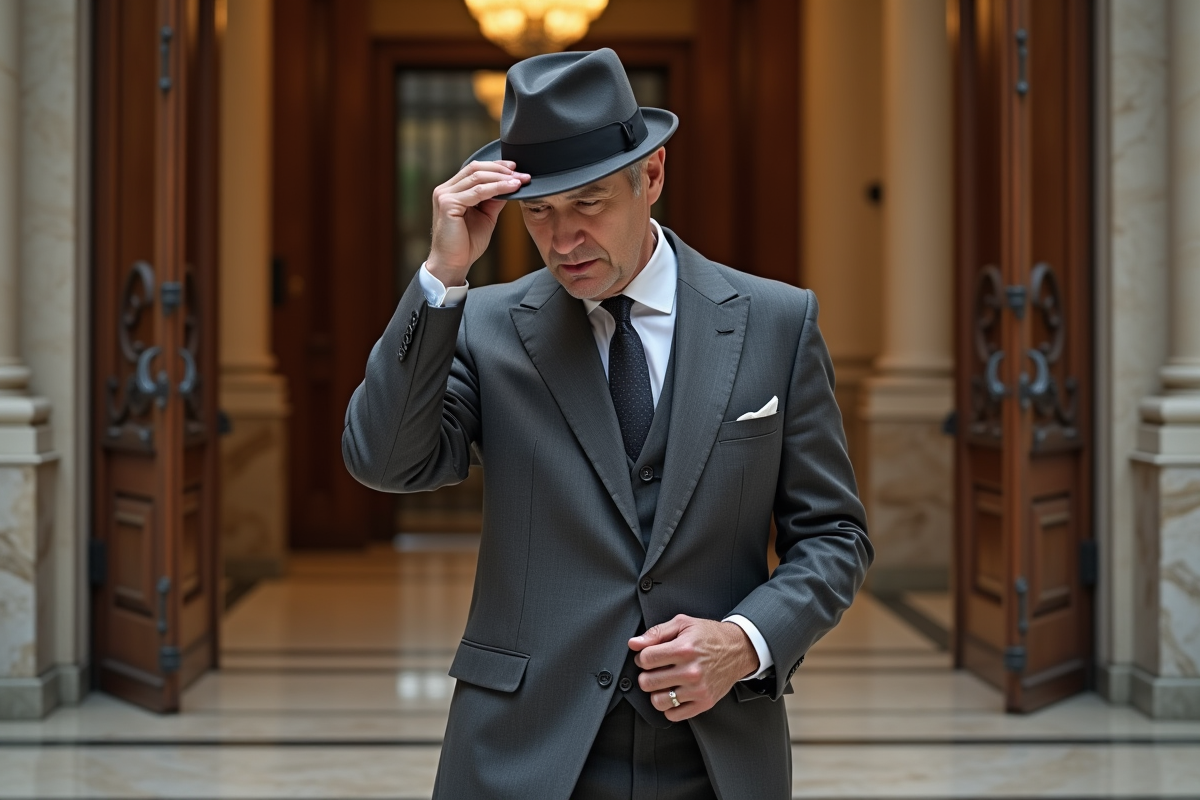 Homme d'âge moyen en costume gris devant un bâtiment historique