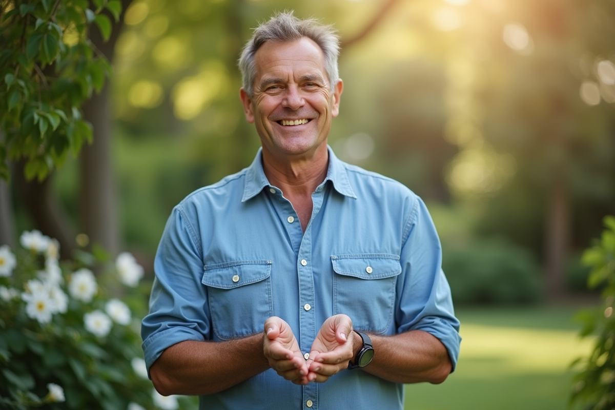 Homme appliquant une huile naturelle dans un jardin