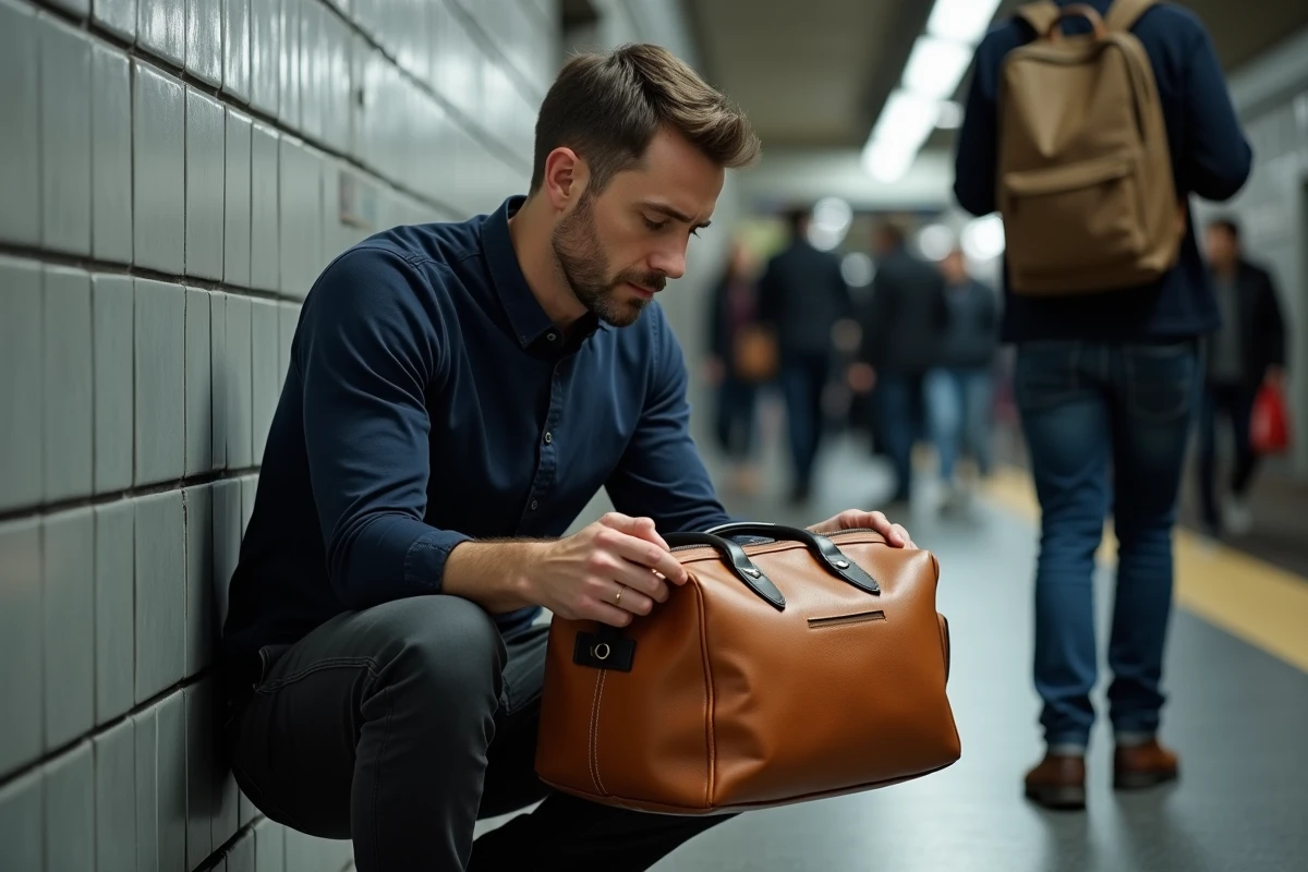 Homme inspectant la qualité du cuir d'un sac sport en cuir dans une station de métro urbaine