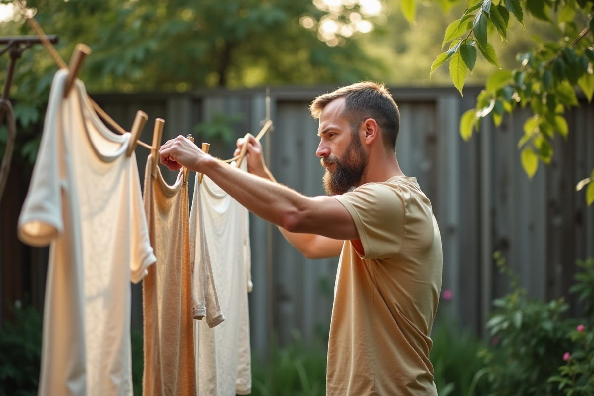 Homme suspendant des vêtements en lin et coton dans son jardin