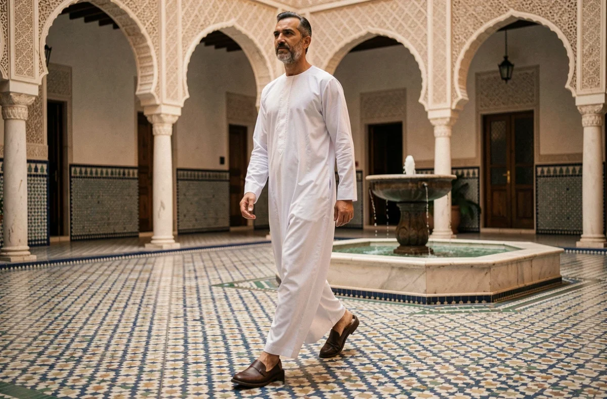Homme marocain en djellaba blanche portant des babouches modernes en cuir marron foncé dans un riad traditionnel aux mosaïques de zellige.