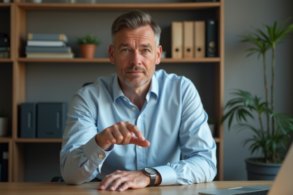 Homme d'âge moyen montrant son petit doigt long dans un bureau moderne