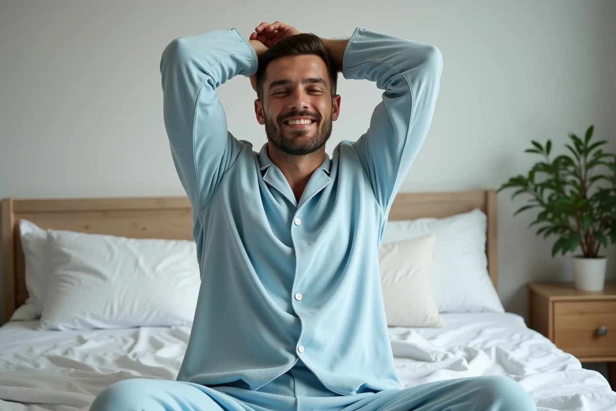 Homme en pyjama pilou bleu pâle assis au bord du lit dans une chambre minimaliste apaisante