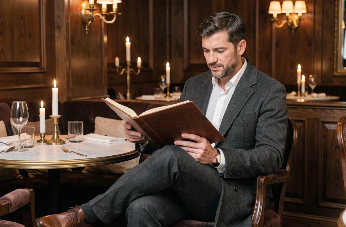 Homme en manteau en laine dans un restaurant parisien haut de gamme avec décor en bois sombre et ambiance raffinée