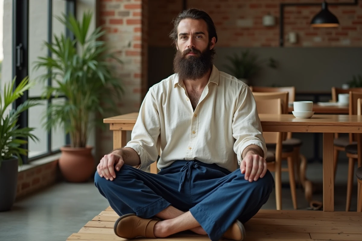 Homme barbu en sarouel wassat bleu marine assis dans un café minimaliste, style vestimentaire pudique et urbain