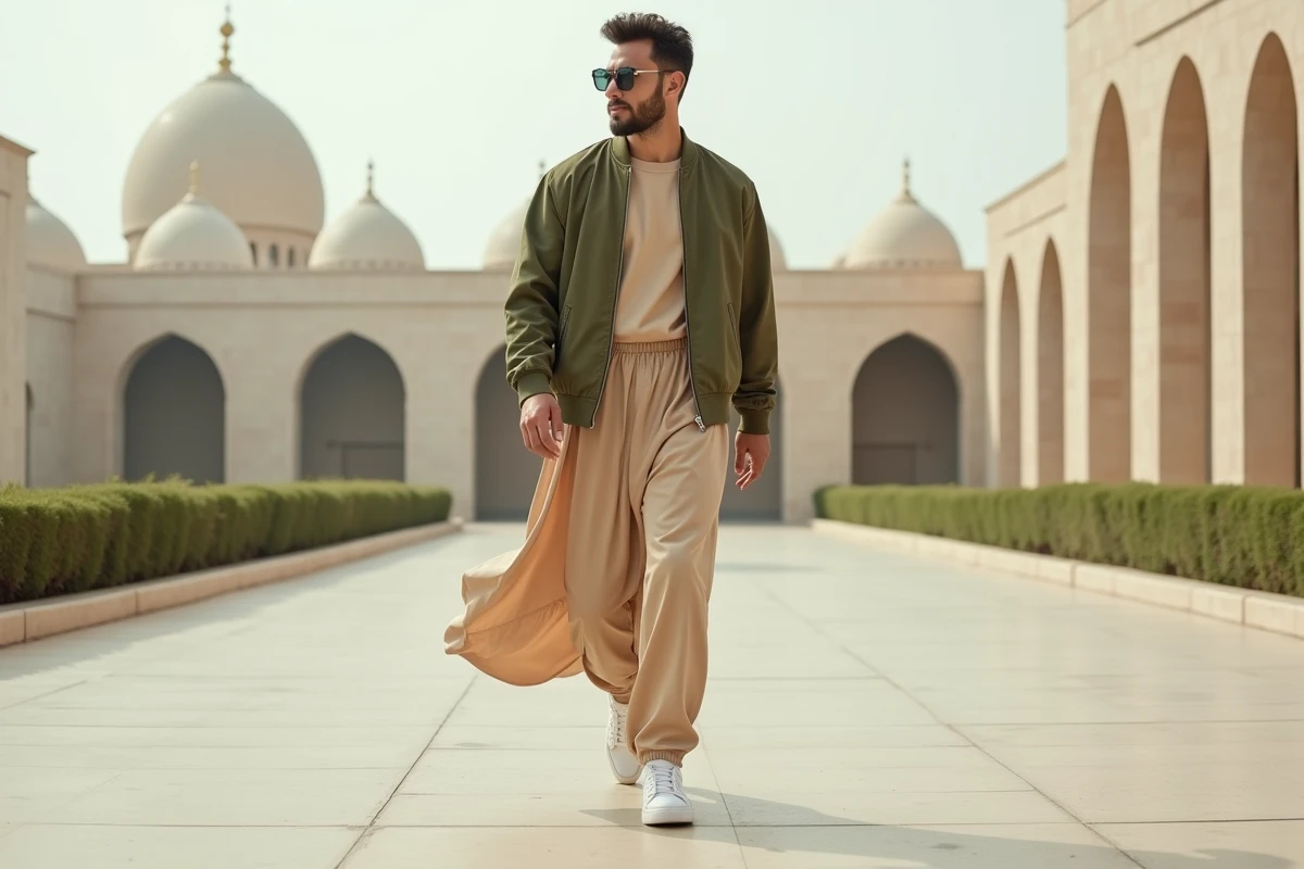 Jeune homme en sarouel wassat beige marchant devant une architecture moderne, look urbain et pudeur islamique