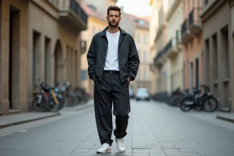 Homme portant un sarouel wassat charbon dans une rue urbaine européenne, tenue décontractée et moderne