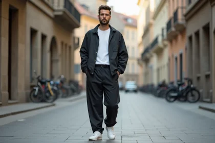 Homme portant un sarouel wassat charbon dans une rue urbaine européenne, tenue décontractée et moderne