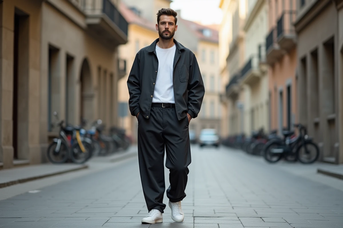 Homme portant un sarouel wassat charbon dans une rue urbaine européenne, tenue décontractée et moderne