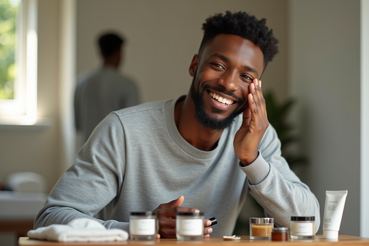Jeune homme noir réalisant sa routine de soins visage