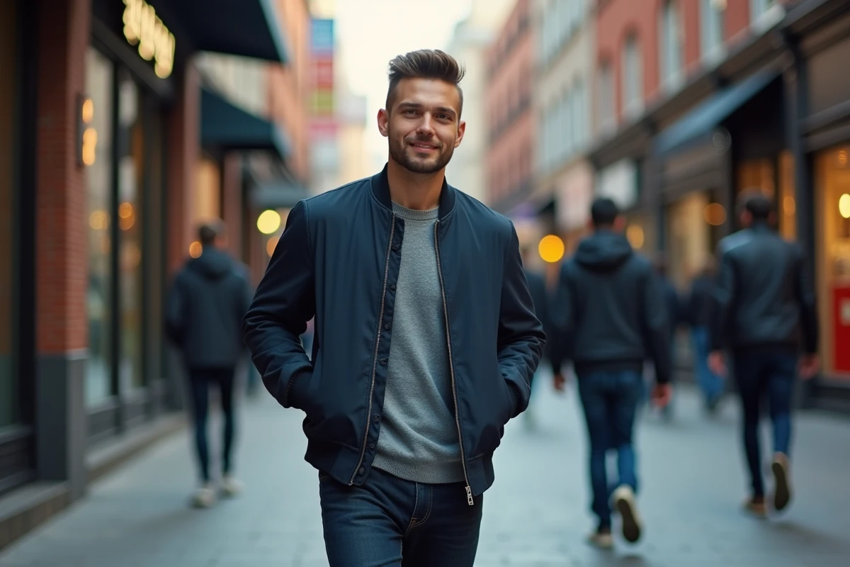 Homme en rue avec coiffure taper fade et style urbain