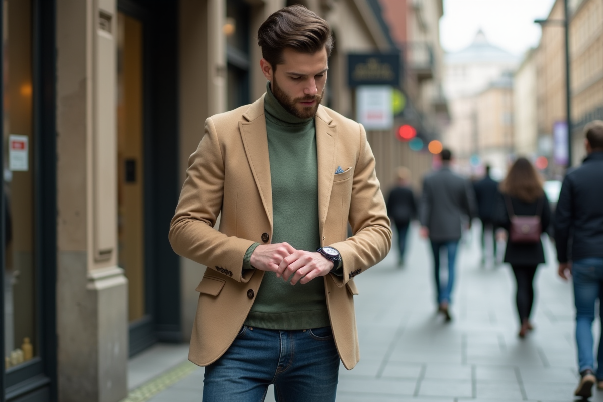 Homme bien habille checkant sa montre dans la rue urbaine