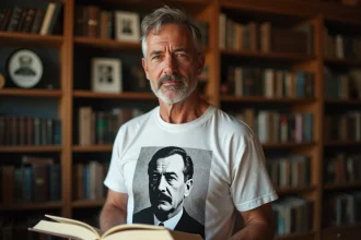 Homme passionné d'histoire portant un tee shirt Charles de Gaulle dans une bibliothèque historique