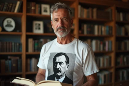 Homme passionné d'histoire portant un tee shirt Charles de Gaulle dans une bibliothèque historique