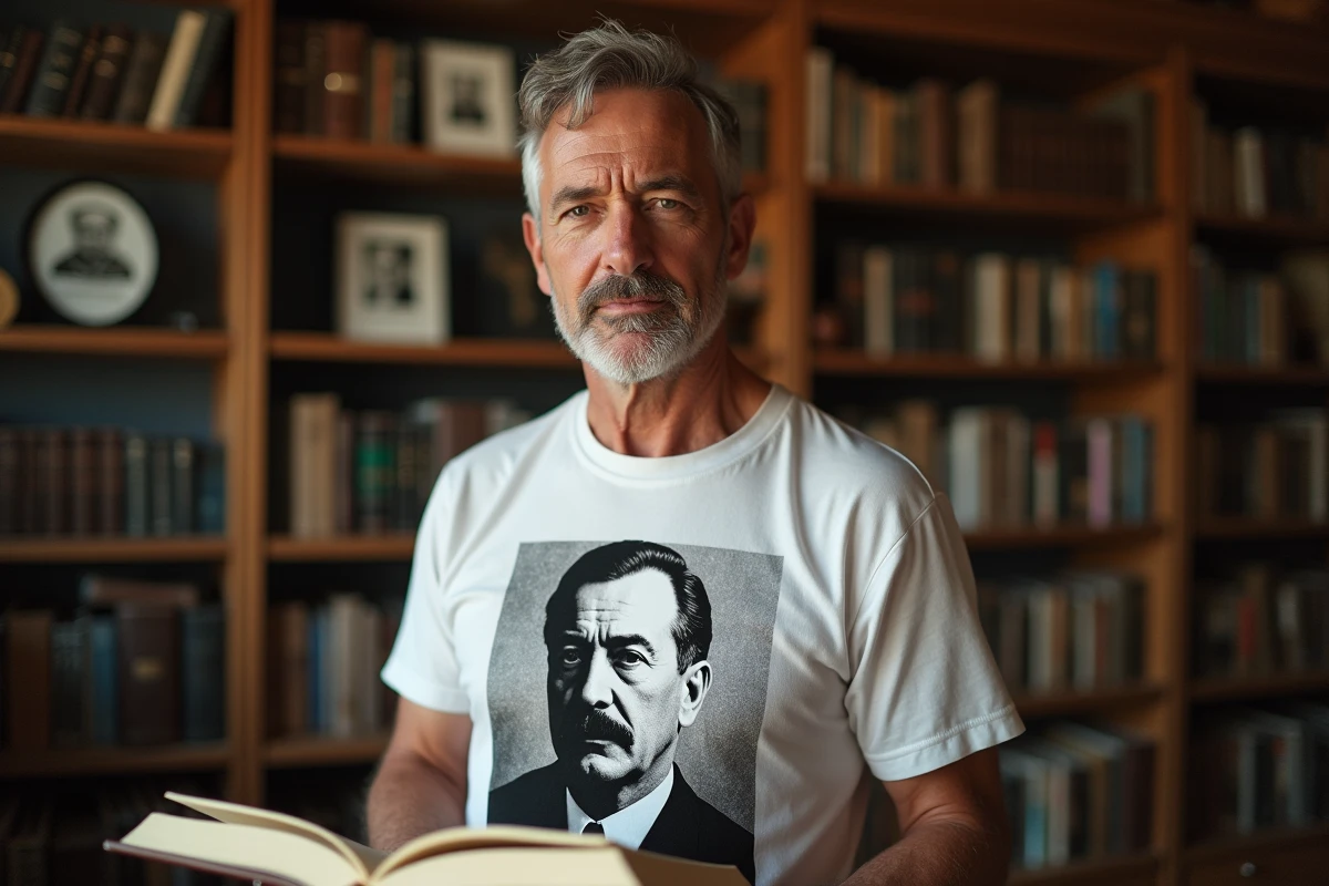 Homme passionné d'histoire portant un tee shirt Charles de Gaulle dans une bibliothèque historique