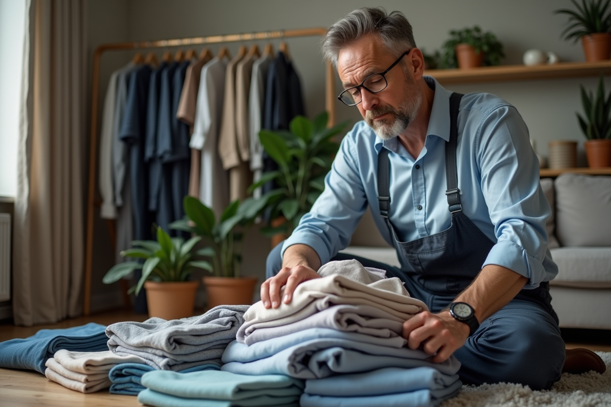Homme triant des vêtements d