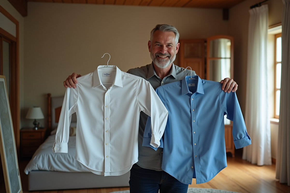 Homme essayant deux chemises dans une chambre chaleureuse