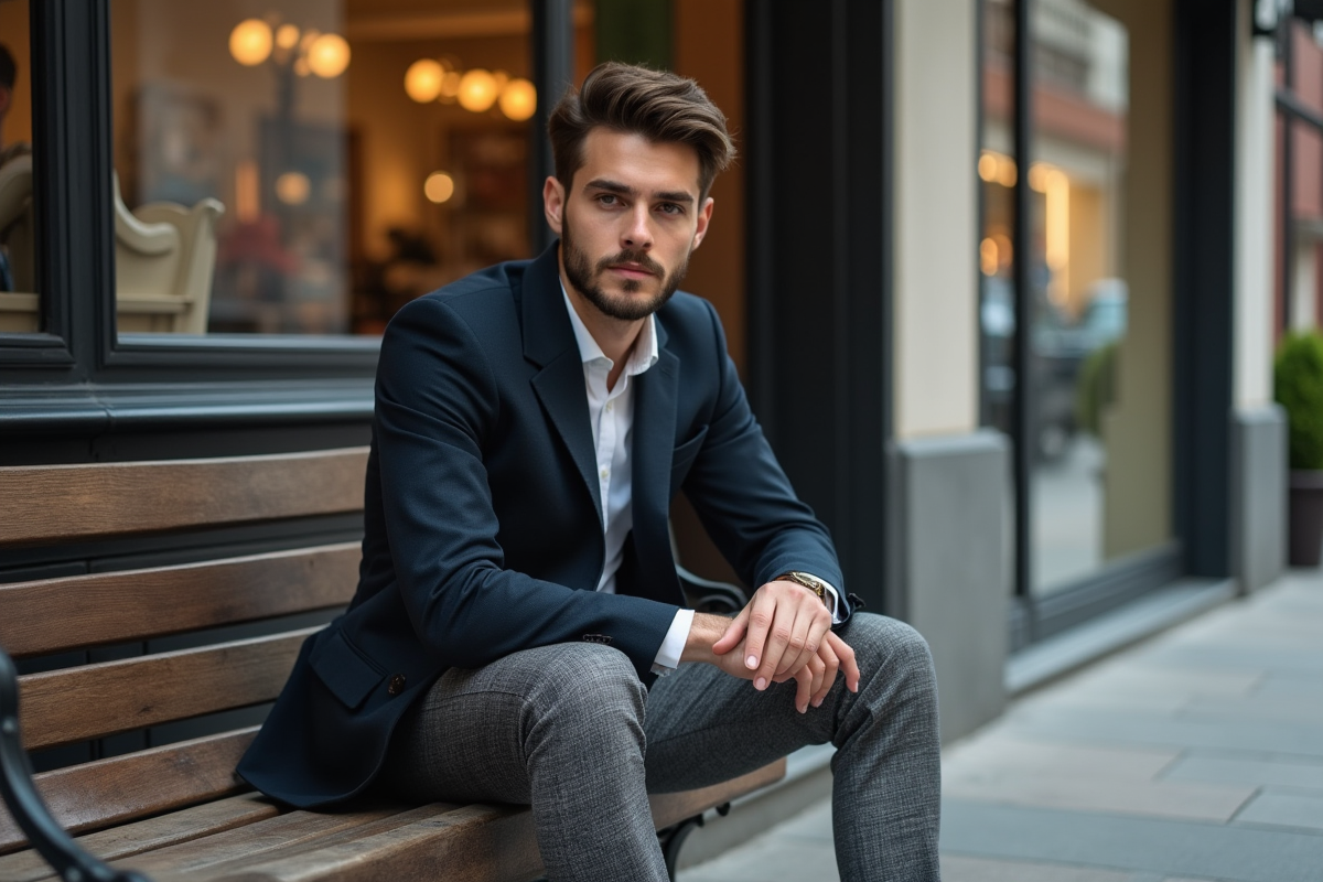 Jeune homme en style urbain assis devant un magasin