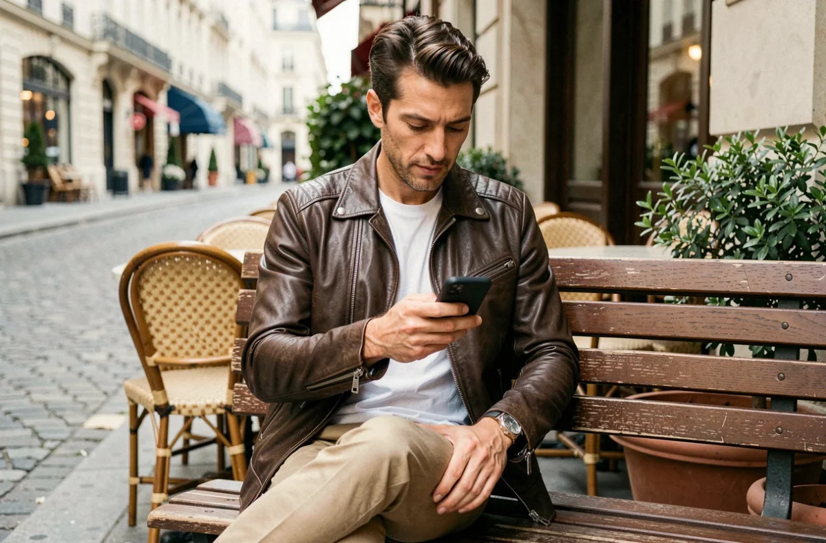 Homme portant une veste en cuir IKKS en terrasse de café à Paris, style urbain décontracté