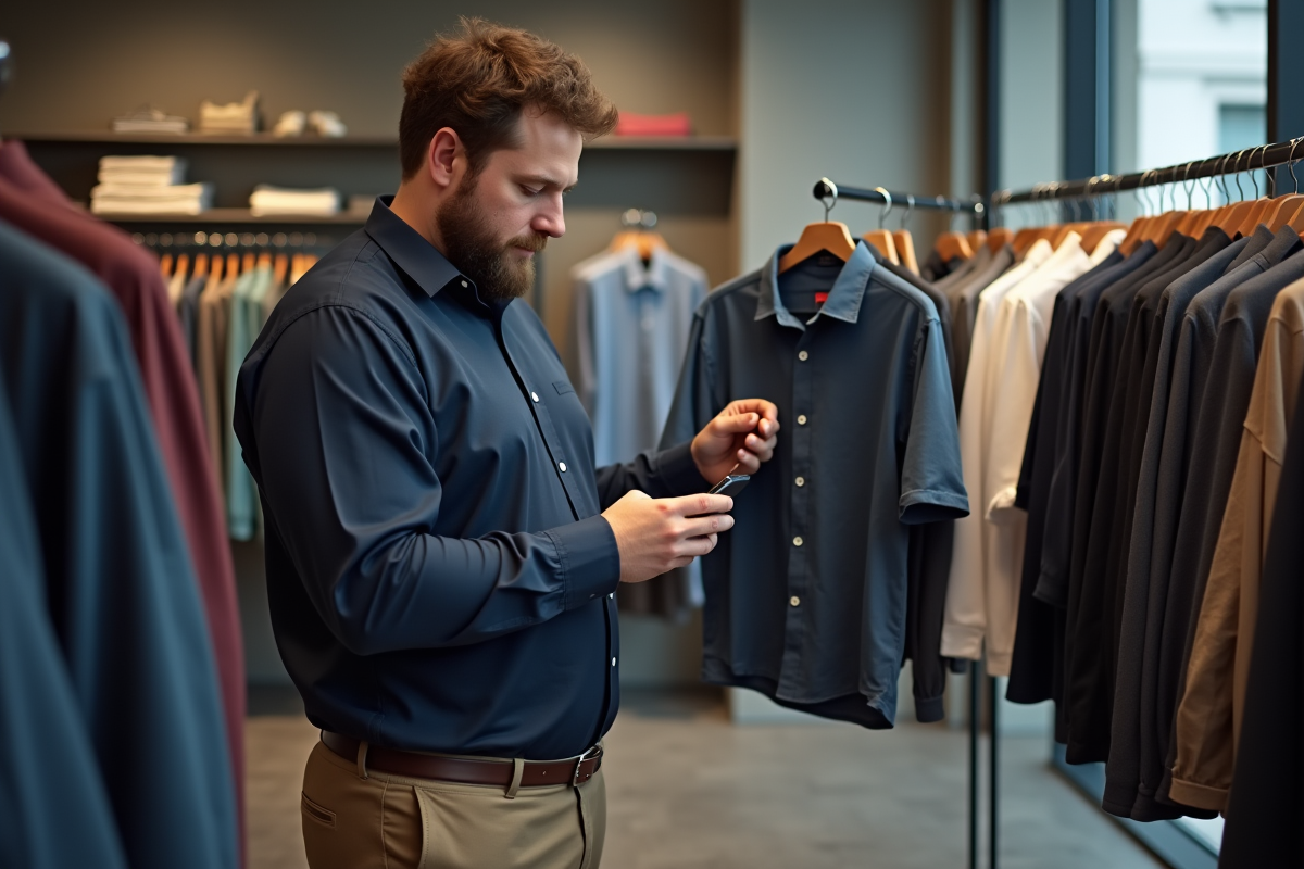 Homme en grande taille vérifiant une taille de vêtement avec son smartphone