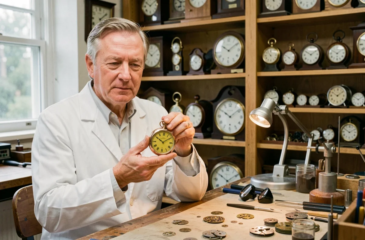 Horloger expert tenant une rare montre de poche vintage en or rose dans un atelier artisanal traditionnel