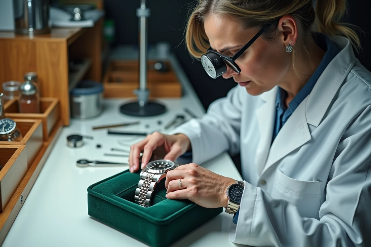 Horlogère professionnelle inspectant une Rolex Day-Date avec une loupe dans un atelier spécialisé
