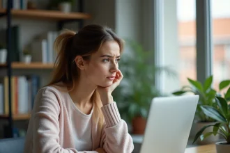 Influenceuse regardant des statistiques de réseaux sociaux sur son ordinateur portable dans un bureau moderne, illustrant l'impact des fuites de données numériques