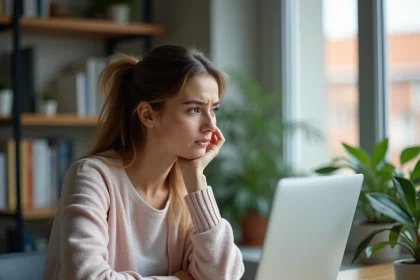 Influenceuse regardant des statistiques de r&eacute;seaux sociaux sur son ordinateur portable dans un bureau moderne, illustrant l'impact des fuites de donn&eacute;es num&eacute;riques